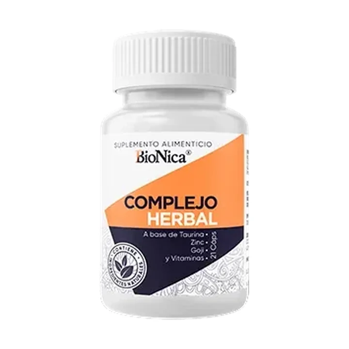 Bionica complejo herbal, frasco de 21 cápsulas con taurina, zinc, goji y vitaminas disponible en México