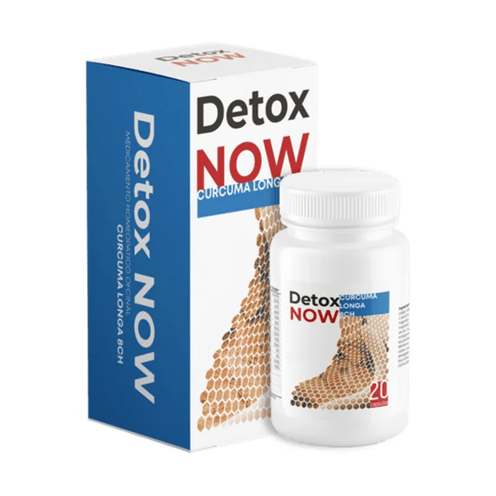 Detox Now, frasco de 20 cápsulas con Curcuma longa, disponible en Colombia, Guatemala y España